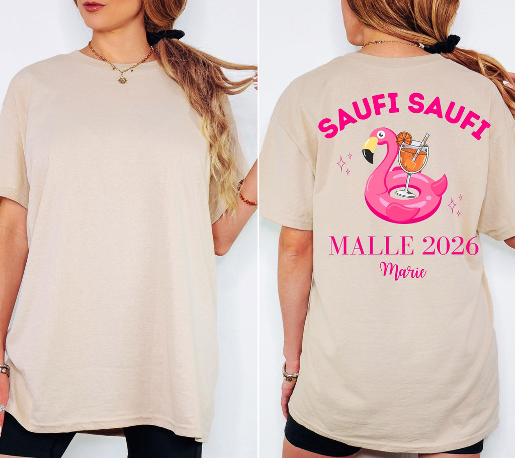 Malle Shirt Flamingo, Backprint, Malle 2026, Malle Shirts personalisiert, Mallorca t Shirts pink, Bier Shirt, Gruppenshirt, saufi saufi