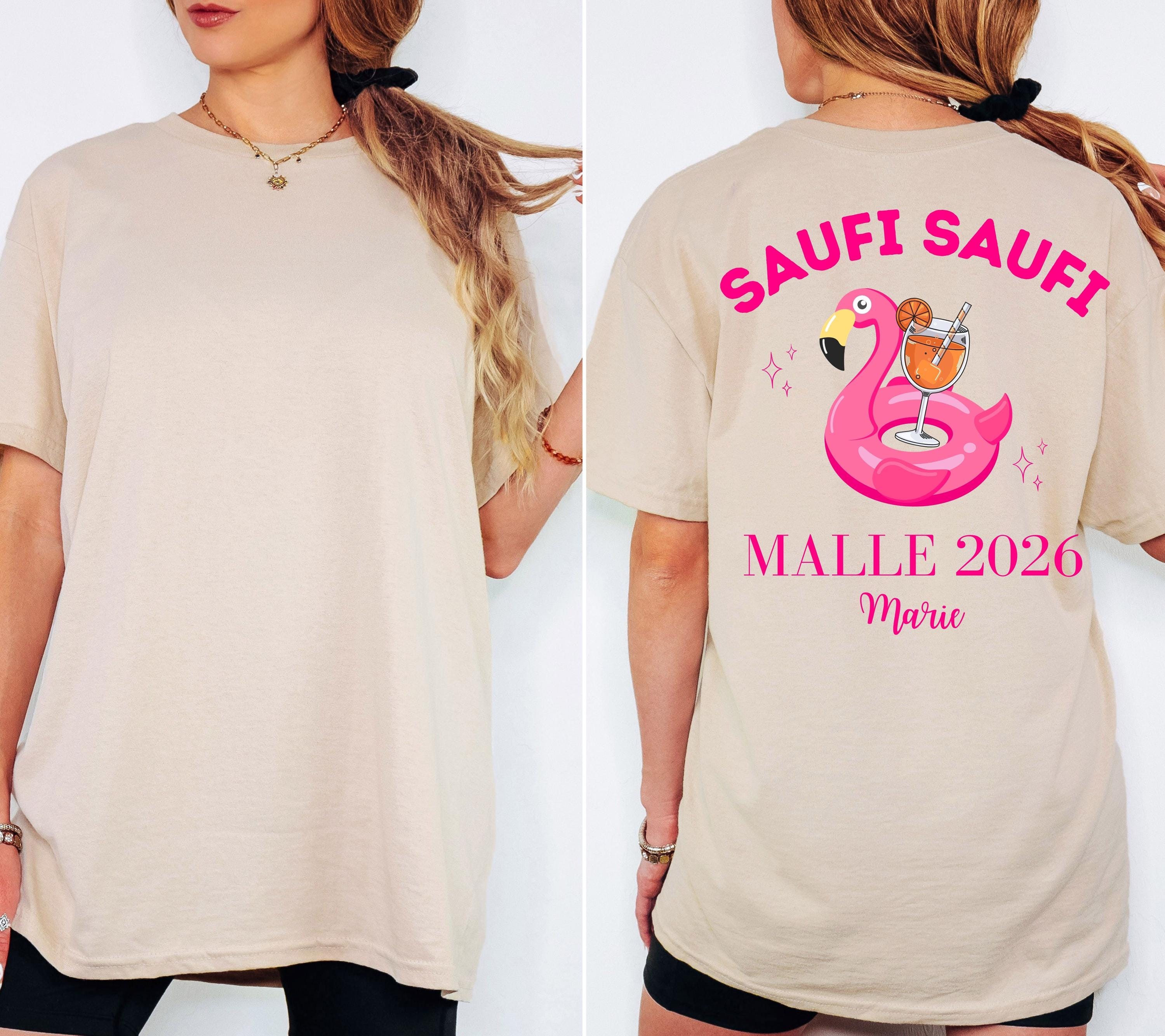 Malle Shirt Flamingo, Backprint, Malle 2026, Malle Shirts personalisiert, Mallorca t Shirts pink, Bier Shirt, Gruppenshirt, saufi saufi
