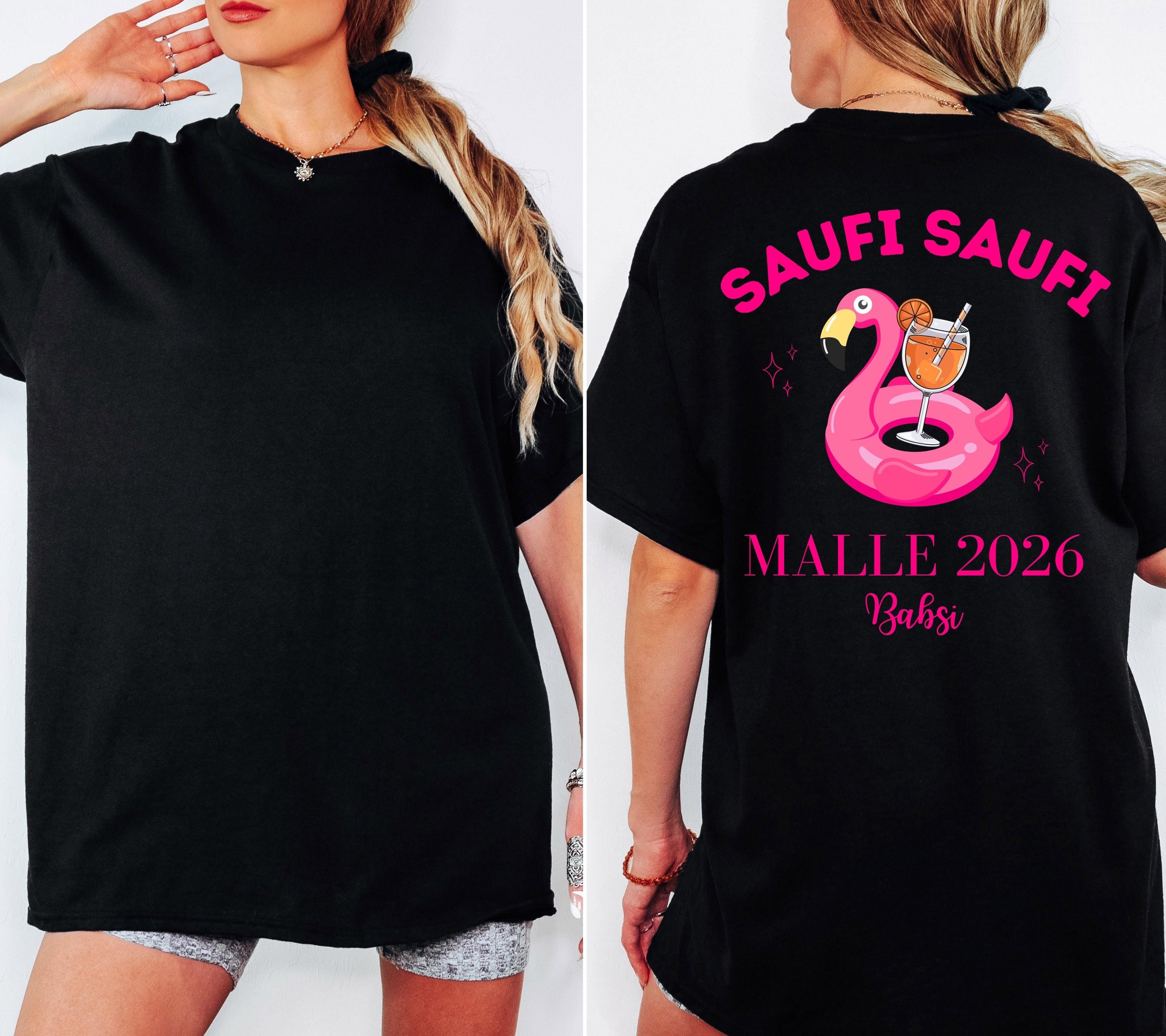 Malle Shirt Flamingo, Backprint, Malle 2026, Malle Shirts personalisiert, Mallorca t Shirts pink, Bier Shirt, Gruppenshirt, saufi saufi