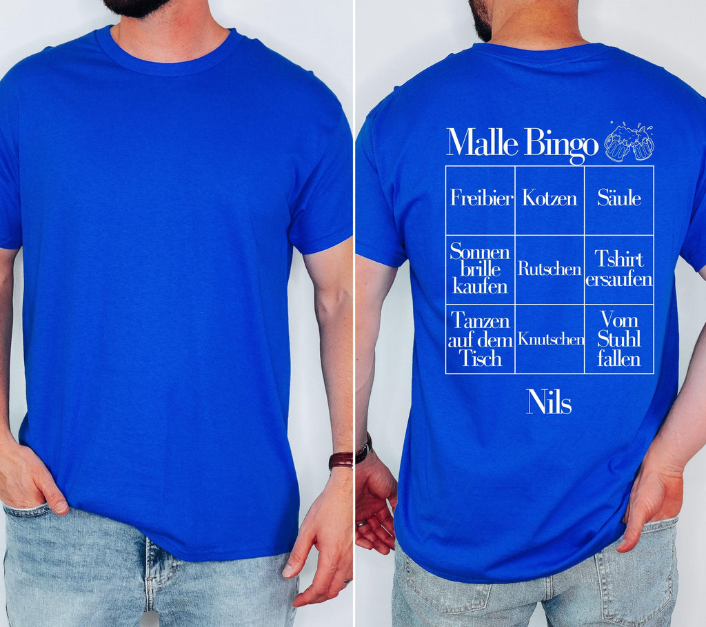 Malle Shirts Herren, Gruppenshirt, Backprint, Malle 2026, Malle Shirt, Männer, personalisiert, Mallorca, Bier Shirt, Sauf Shirt, Bingo, Bier