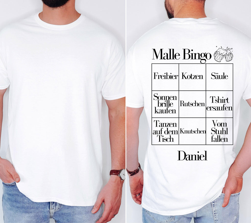 Malle Shirt Unisex, Malle Shirt Damen, Männer, Malle Bingo, Gruppenshirt, Backprint, Malle 2026, personalisiert, Mallorca TShirt, Bier Shirt