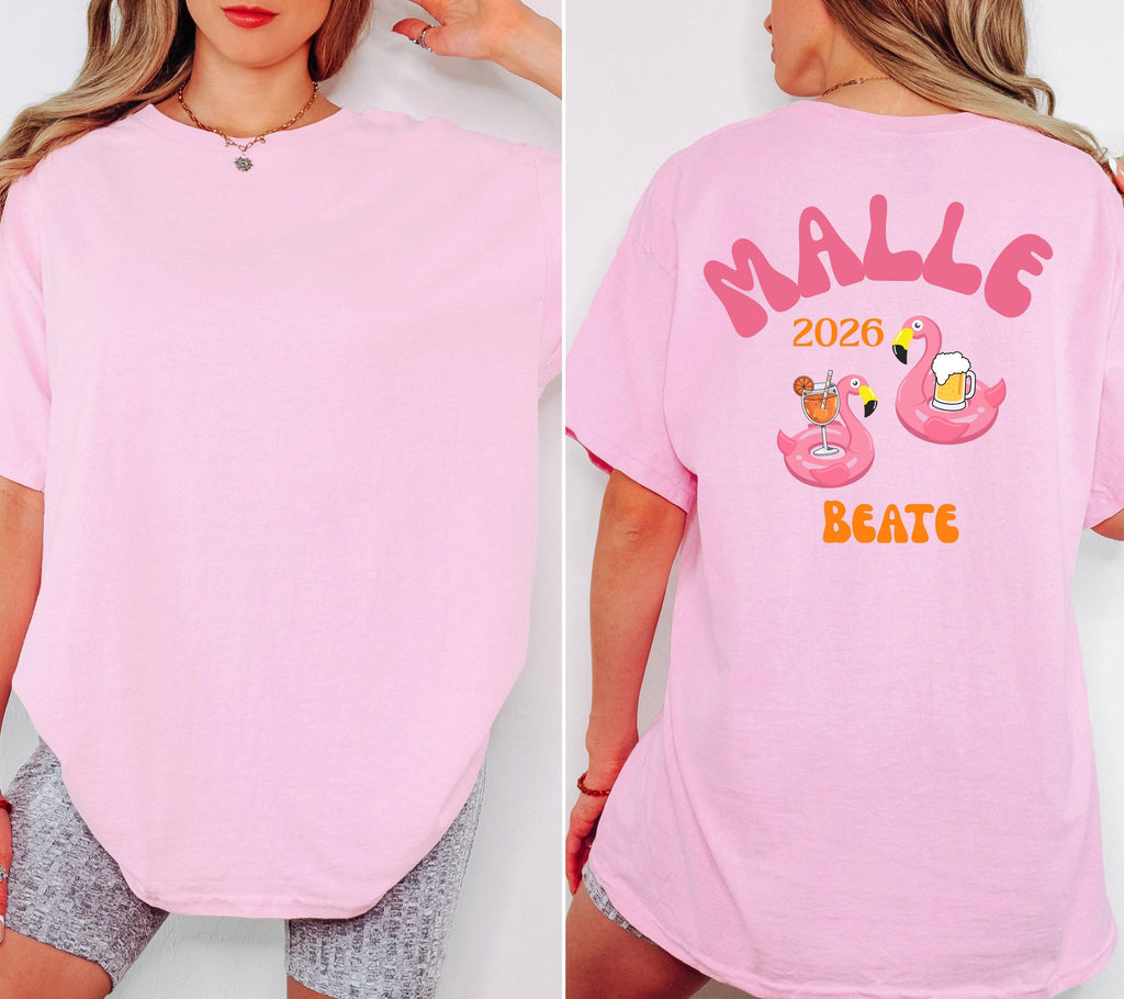 Malle Shirt Flamingo, Backprint, Malle 2026, Malle Shirts personalisiert, Mallorca t Shirts pink, Bier Shirt, Gruppenshirt, saufi saufi