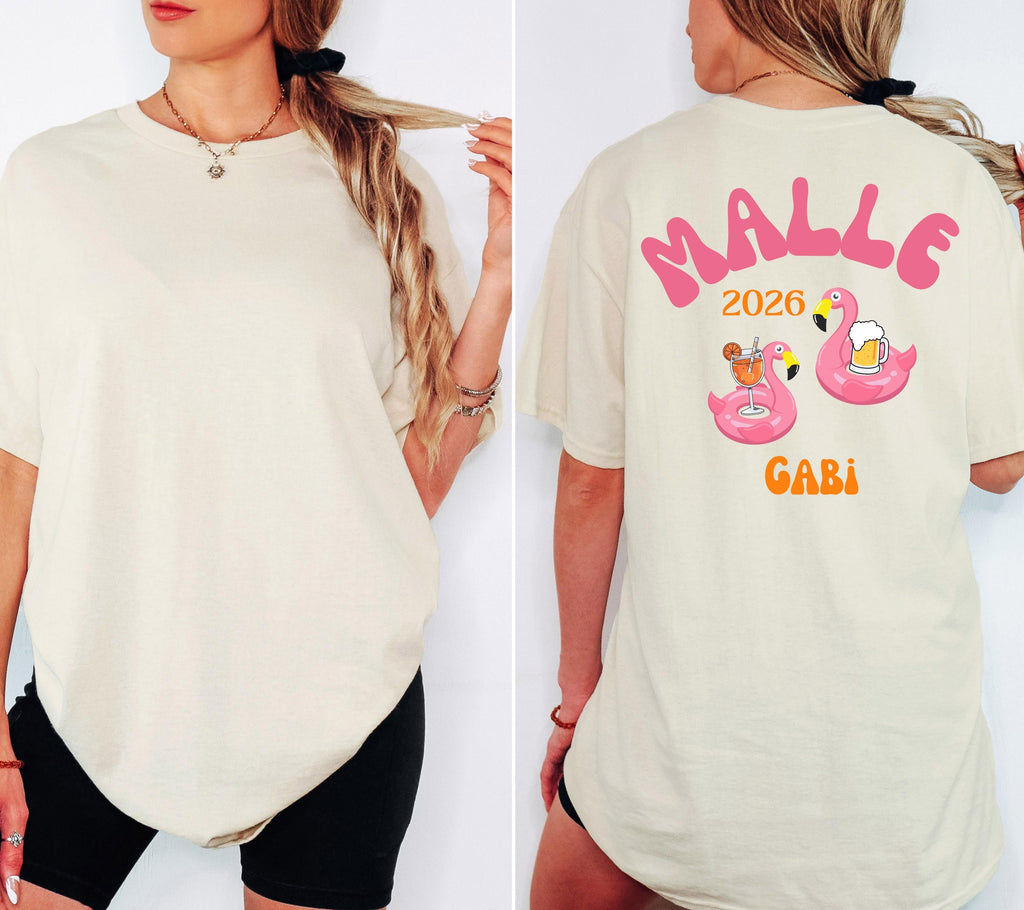 Malle Shirt Flamingo, Backprint, Malle 2026, Malle Shirts personalisiert, Mallorca t Shirts pink, Bier Shirt, Gruppenshirt, saufi saufi