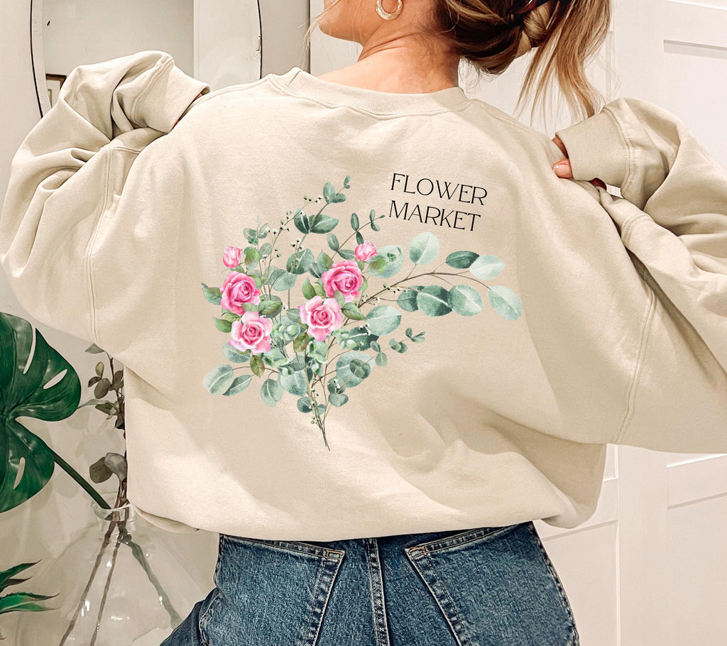 Pullover Blumen, Sweatshirt Backprint, Blumenmuster, Pullover Damen, Oversized Sweater Damen, Geschenkidee Freundin, Vintage Pullover, rosa