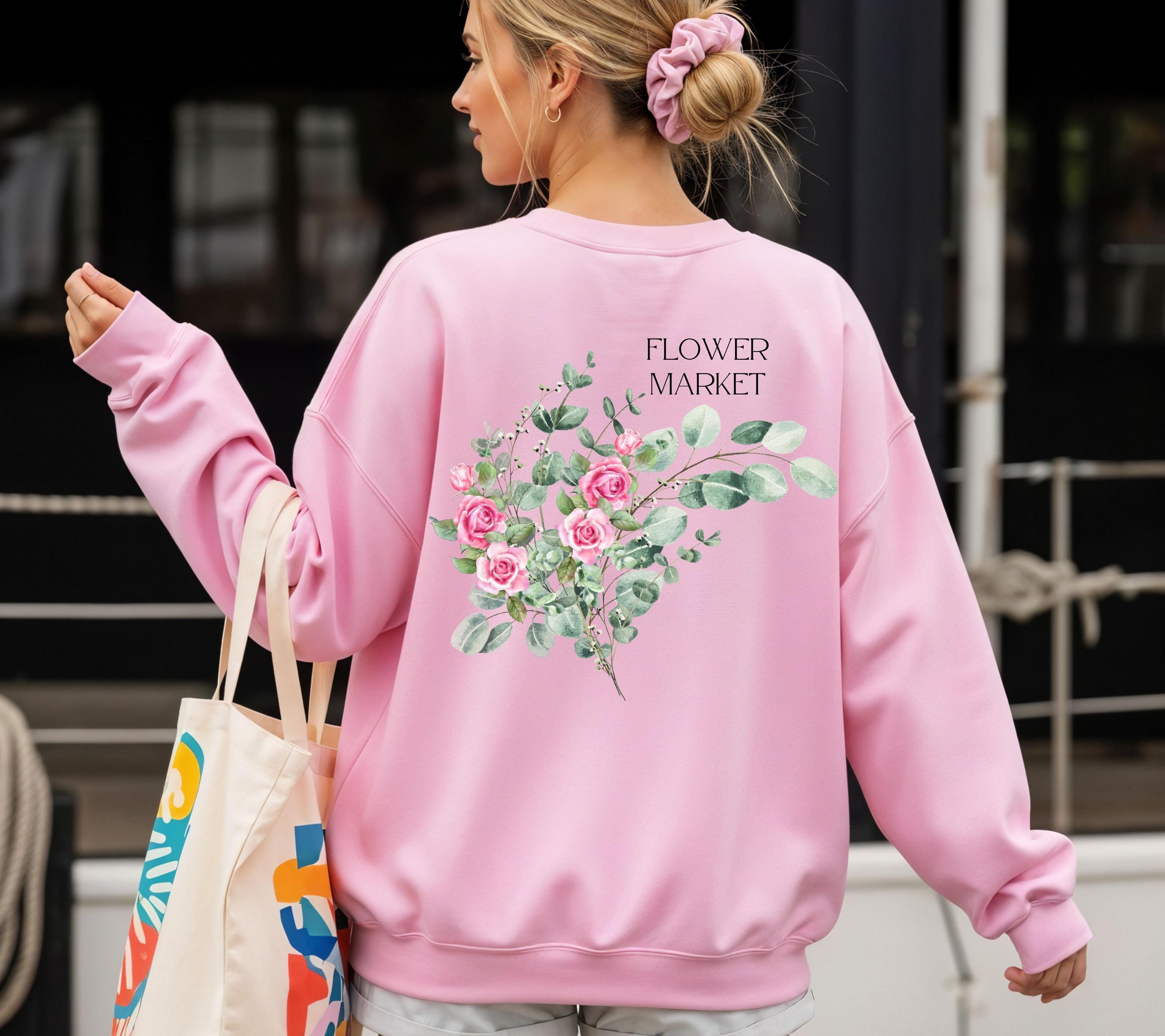 Pullover Blumen, Sweatshirt Backprint, Blumenmuster, Pullover Damen, Oversized Sweater Damen, Geschenkidee Freundin, Vintage Pullover, rosa