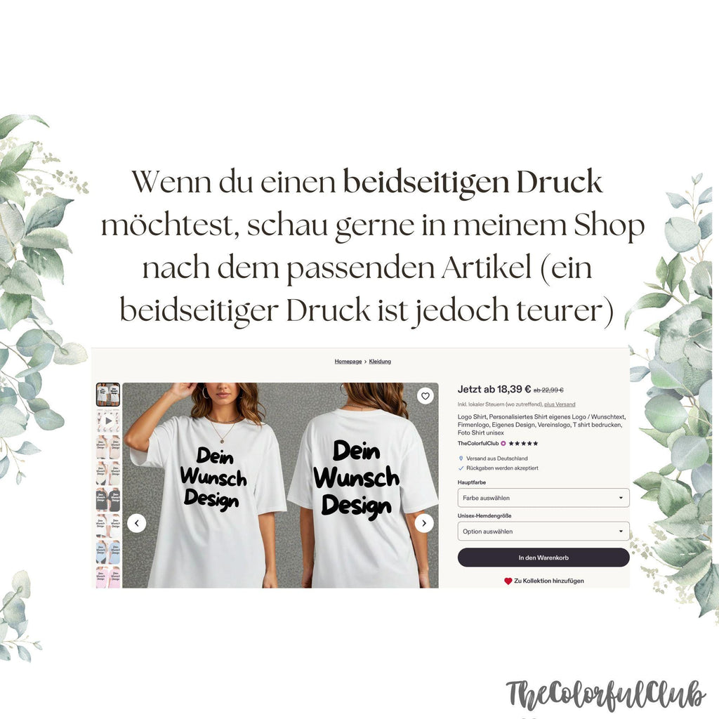 Logo Shirt, Personalisiertes Shirt eigenes Logo / Wunschtext, Firmenlogo, Eigenes Design, Vereinslogo, T shirt bedrucken, Foto Shirt unisex