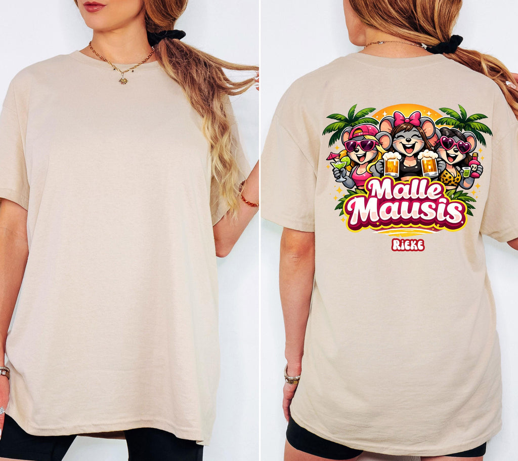 Malle Shirt Damen, Backprint, Malle 2026, Malle Shirts, Malle Mausi, personalisiert, Mallorca Shirts, Bier Shirt, Sauf T Shirt, Gruppenshirt