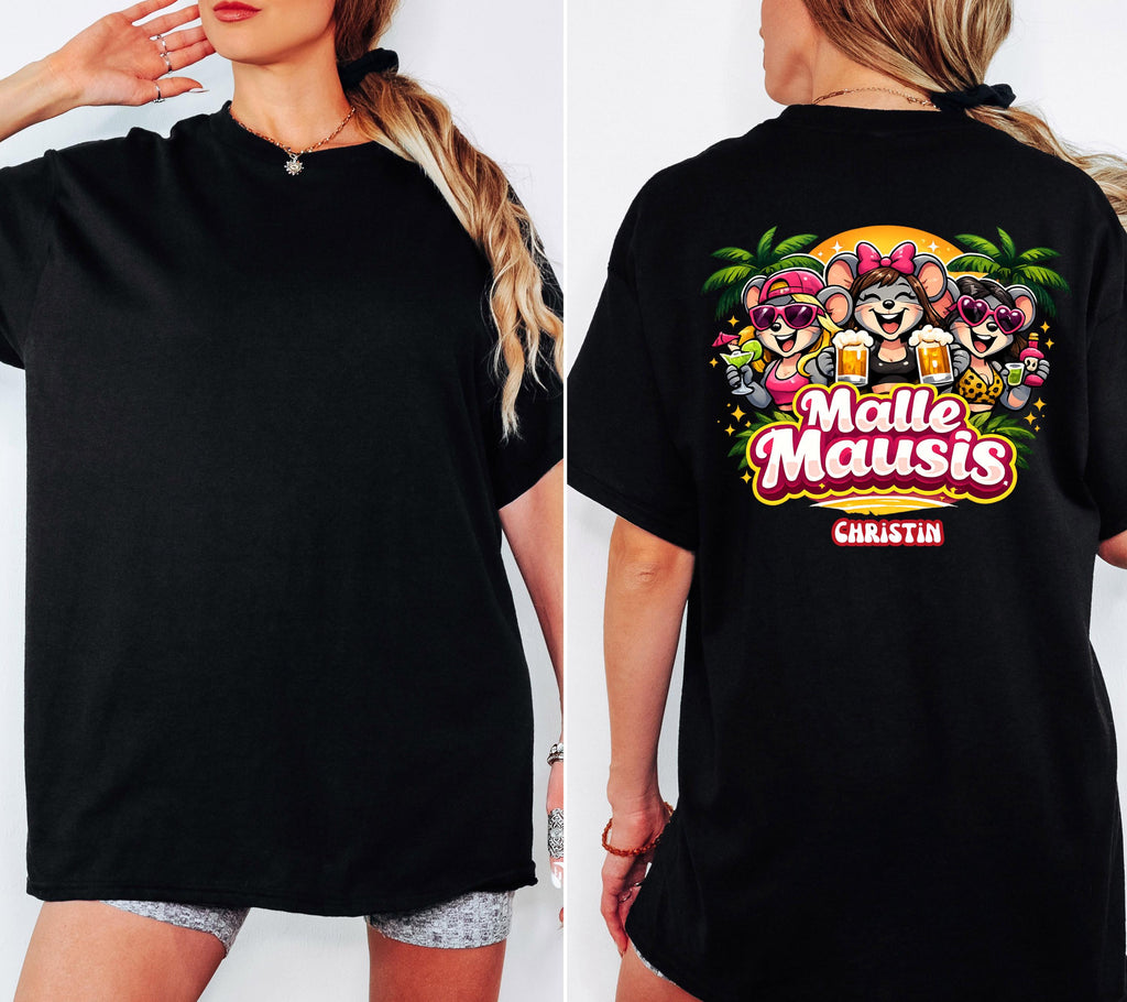 Malle Shirt Damen, Backprint, Malle 2026, Malle Shirts, Malle Mausi, personalisiert, Mallorca Shirts, Bier Shirt, Sauf T Shirt, Gruppenshirt