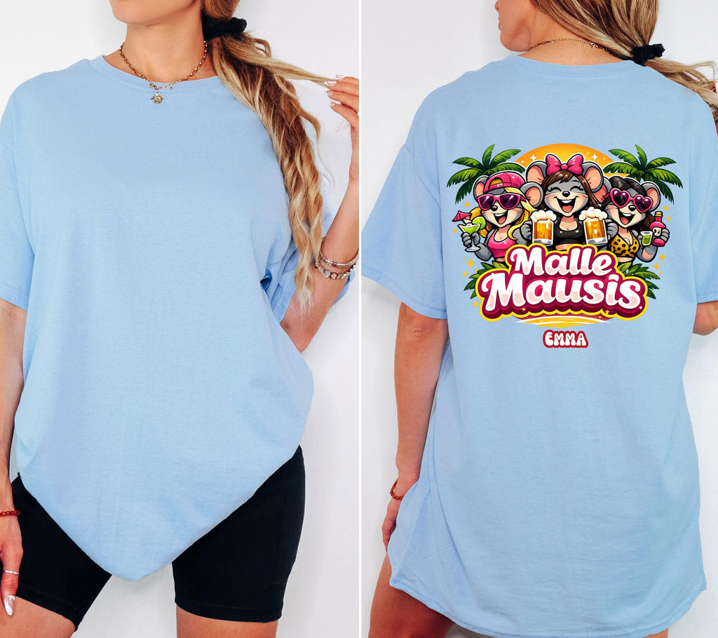 Malle Shirt Damen, Backprint, Malle 2026, Malle Shirts, Malle Mausi, personalisiert, Mallorca Shirts, Bier Shirt, Sauf T Shirt, Gruppenshirt