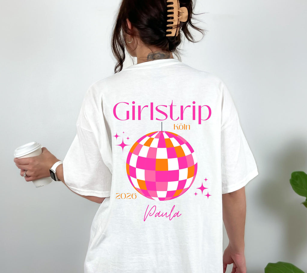 Girls Trip Shirts, JGA Backprint, personalisiert, Malle, Köln, Mädelsurlaub, Sauf T Shirt, Gruppenshirt Frauen, Diskokugel, Sommer Shirt