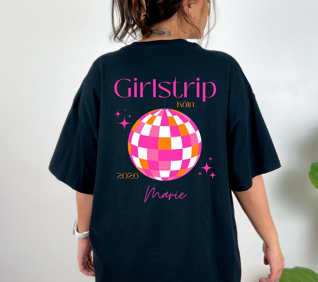 Girls Trip Shirts, JGA Backprint, personalisiert, Malle, Köln, Mädelsurlaub, Sauf T Shirt, Gruppenshirt Frauen, Diskokugel, Sommer Shirt