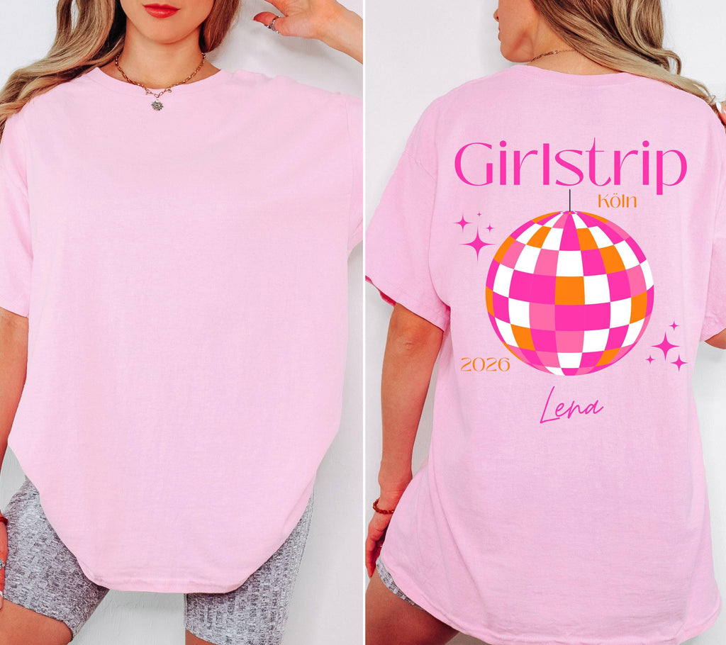Girls Trip Shirts, JGA Backprint, personalisiert, Malle, Köln, Mädelsurlaub, Sauf T Shirt, Gruppenshirt Frauen, Diskokugel, Sommer Shirt