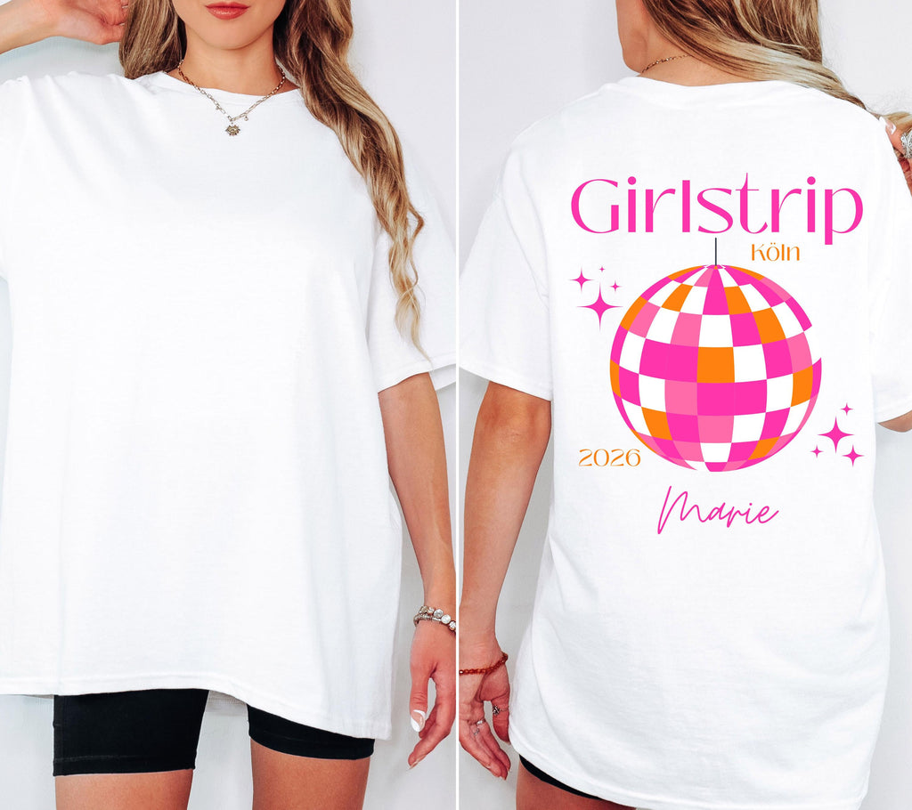 Girls Trip Shirts, JGA Backprint, personalisiert, Malle, Köln, Mädelsurlaub, Sauf T Shirt, Gruppenshirt Frauen, Diskokugel, Sommer Shirt