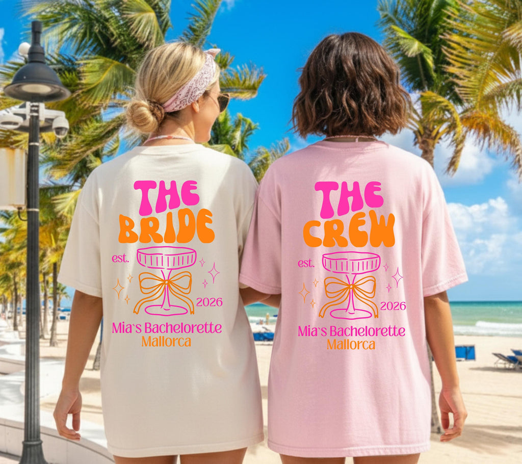 JGA Shirt, Junggesellinnenabschied Shirts, JGA pink orange, Backprint, Braut Shirt, JGA Frauen, Team Shirts, Hochzeit, Bride Shirt mit Ort