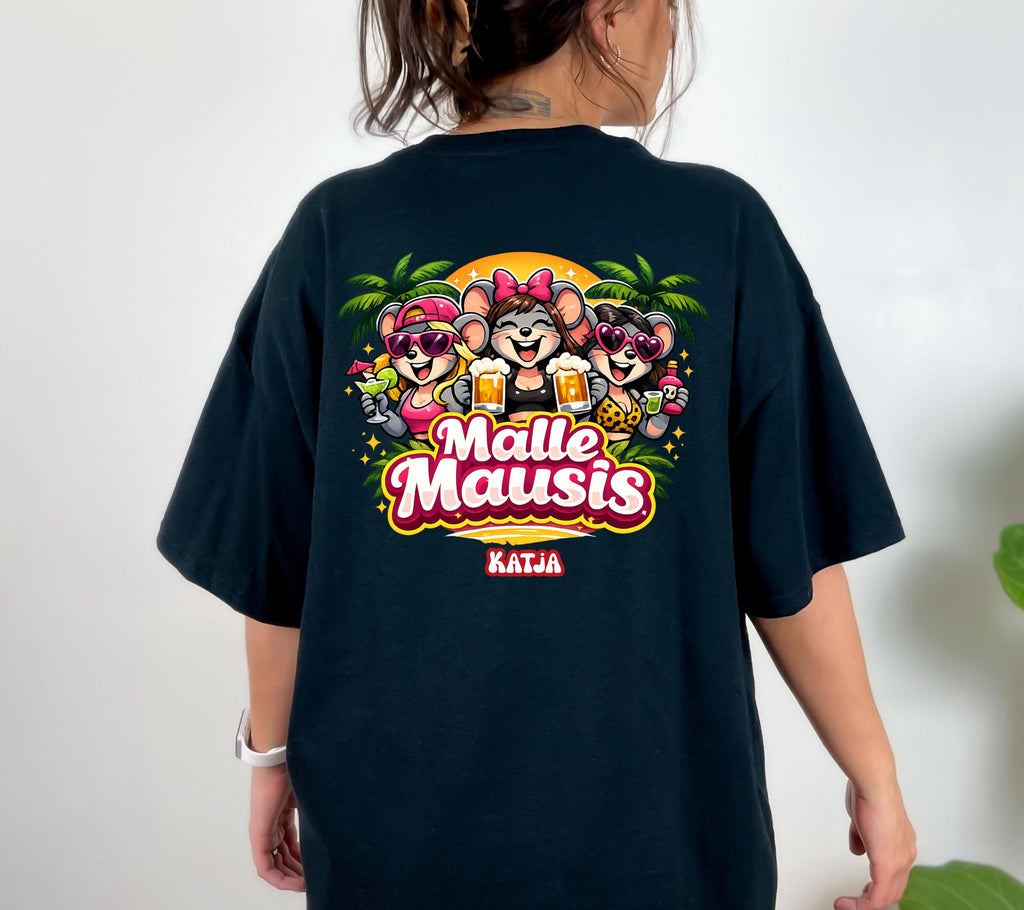 Malle Shirt Damen, Backprint, Malle 2026, Malle Shirts, Malle Mausi, personalisiert, Mallorca Shirts, Bier Shirt, Sauf T Shirt, Gruppenshirt