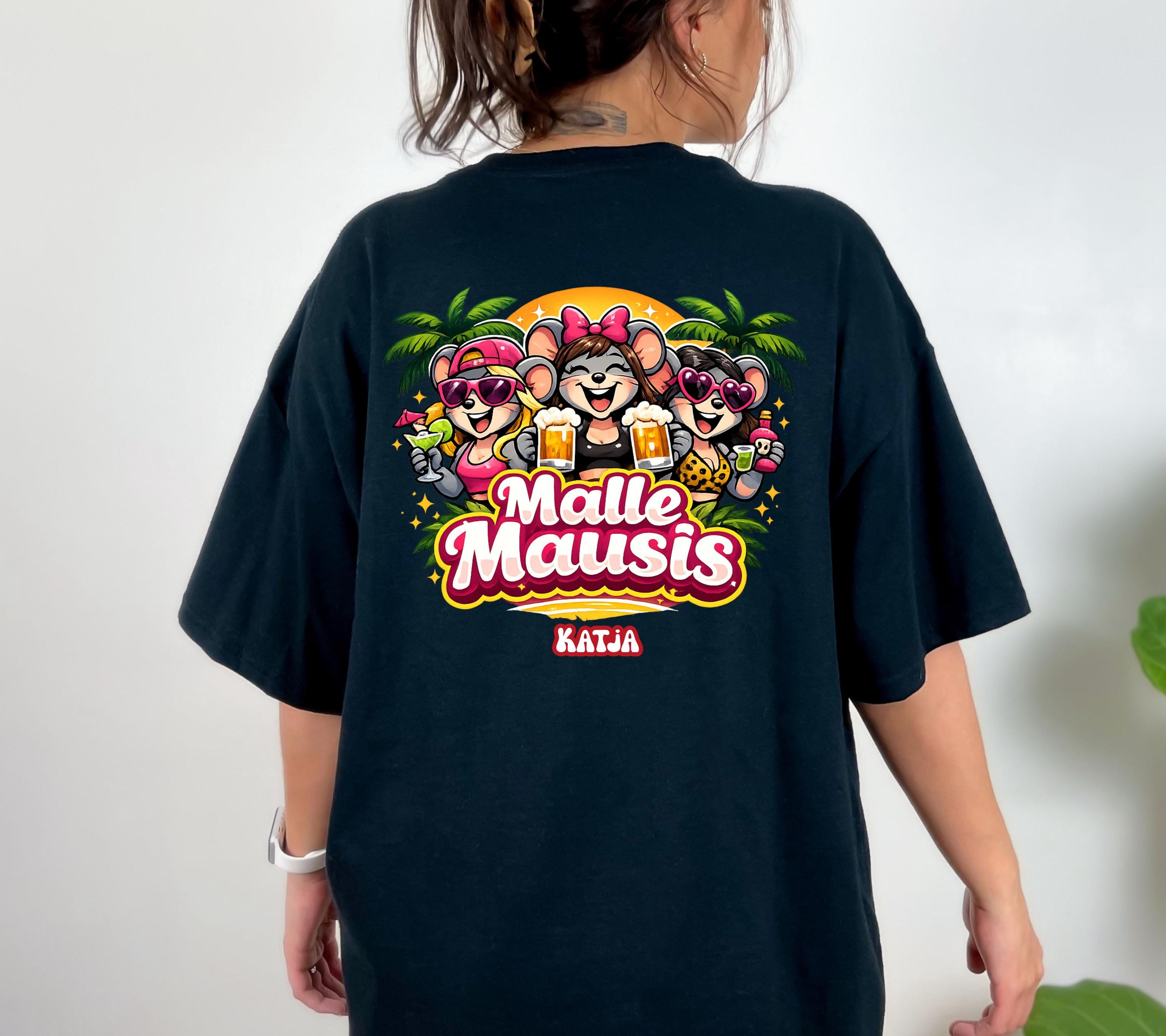 Malle Shirt Damen, Backprint, Malle 2026, Malle Shirts, Malle Mausi, personalisiert, Mallorca Shirts, Bier Shirt, Sauf T Shirt, Gruppenshirt