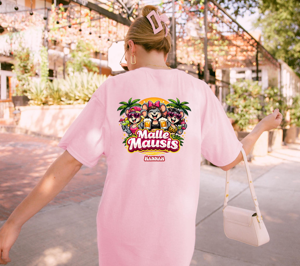 Malle Shirt Damen, Backprint, Malle 2026, Malle Shirts, Malle Mausi, personalisiert, Mallorca Shirts, Bier Shirt, Sauf T Shirt, Gruppenshirt