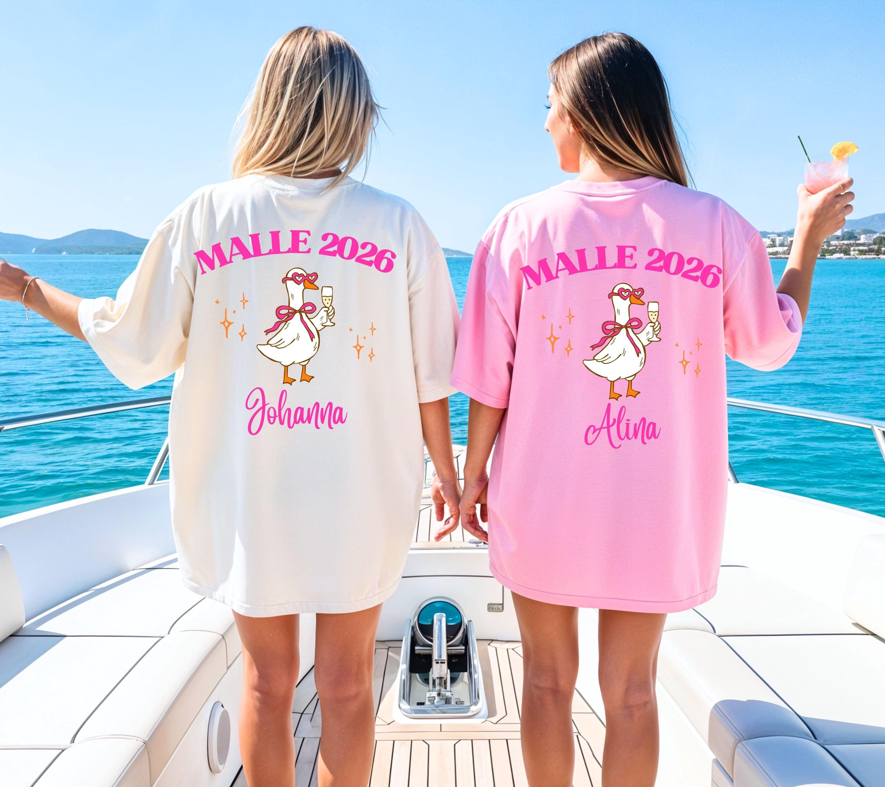 Malle Shirt, Backprint, Malle 2026 Ente, Malle Shirts personalisiert, Mallorca t Shirts, Bier Shirt, Gruppenshirt pink, lustige Shirts, Sekt