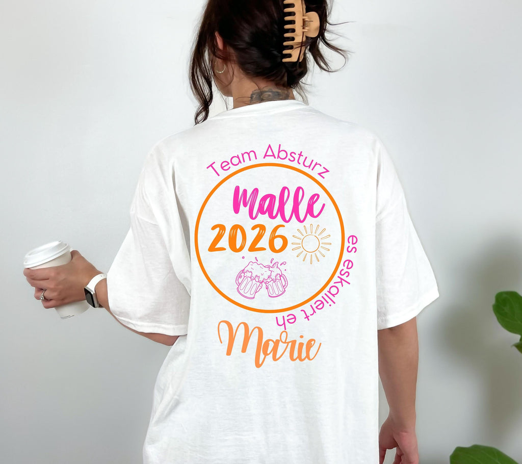 Malle Shirt, es eskaliert eh, Backprint, Malle 2026, Malle T Shirt, personalisiert, Mallorca Shirts, Bier Shirt, Sauf T Shirt, Gruppenshirt