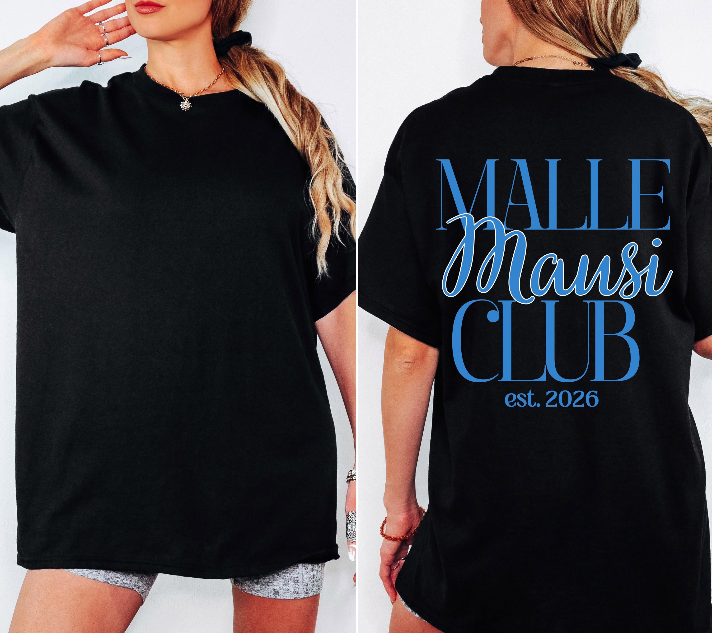 Malle Mausi Club Shirt blau, Malle Shirt 2026, Malle Shirts, Mallorca T Shirts, Bier Shirt, Gruppenshirt Mausis, Mäuse, Damen, Frauen, Playa