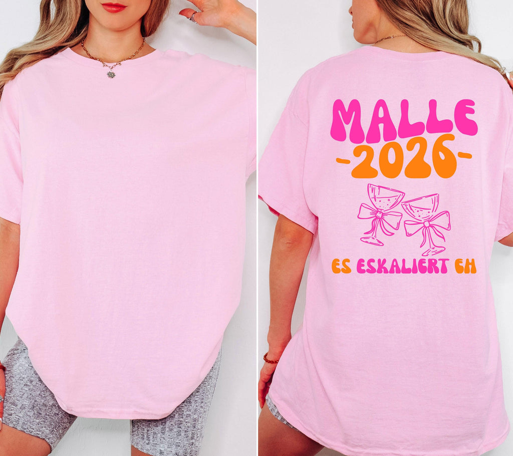 Malle Shirt, es eskaliert eh, Backprint, Malle 2026, Malle T Shirt, personalisiert, Mallorca Shirts, Sekt Shirt, Sauf T Shirt, Gruppenshirt