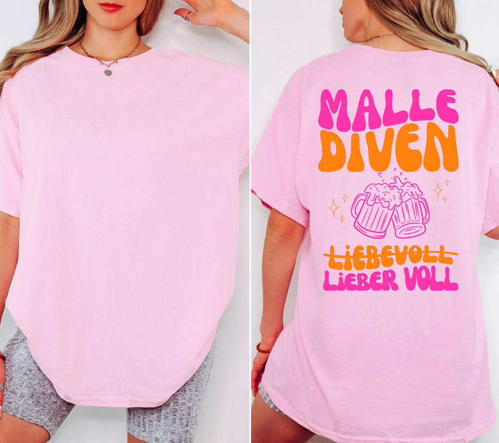 Malle Shirt, Malle Diven, liebevoll lieber voll, Malle 2026, Malle T Shirt, Mallorca Shirts Backprint, Sekt Shirt, Gruppenshirt, pink orange