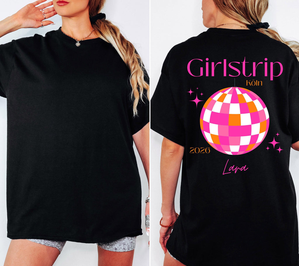 Girls Trip Shirts, JGA Backprint, personalisiert, Malle, Köln, Mädelsurlaub, Sauf T Shirt, Gruppenshirt Frauen, Diskokugel, Sommer Shirt