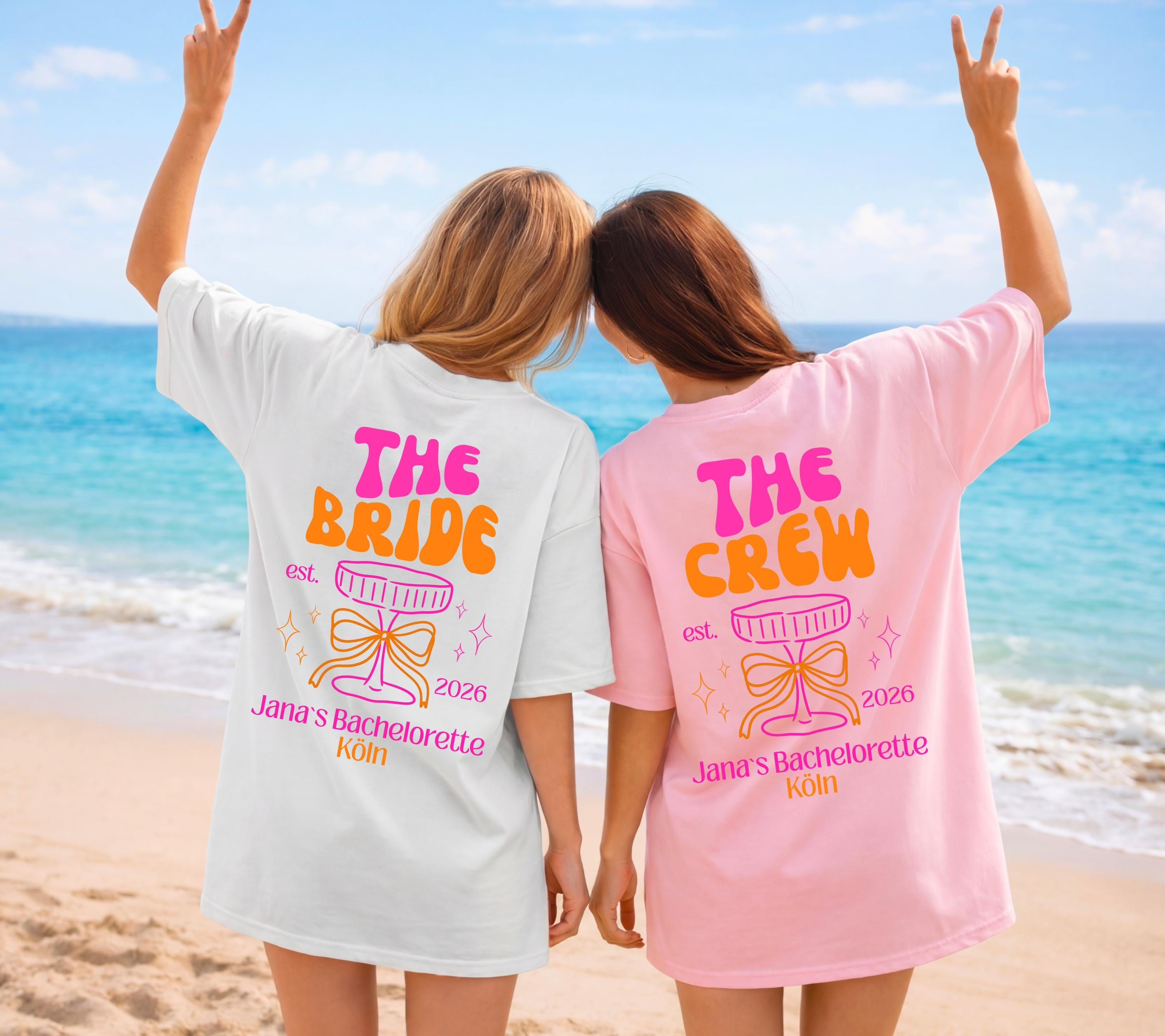 JGA Shirt, Junggesellinnenabschied Shirts, JGA pink orange, Backprint, Braut Shirt, JGA Frauen, Team Shirts, Hochzeit, Bride Shirt mit Ort
