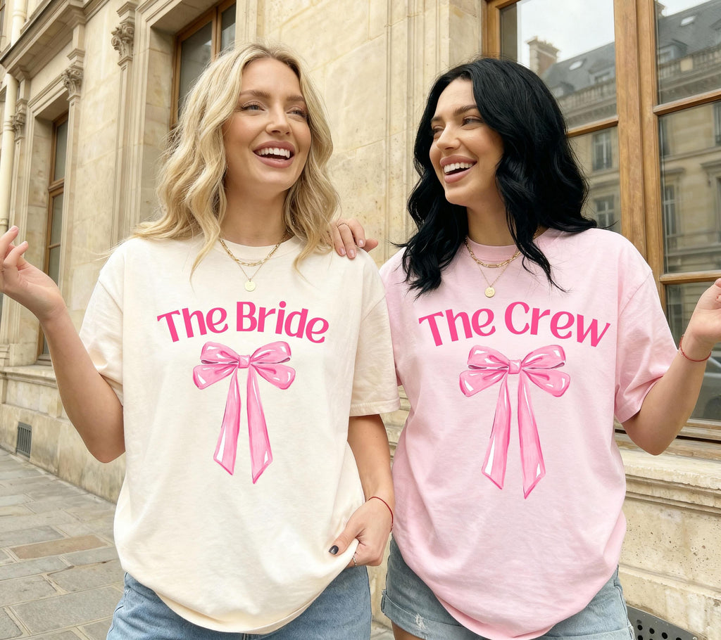 JGA Shirt rosa Schleife, Junggesellenabschied Frauen, Team Shirts, süßes Braut Shirt, The Bride, JGA Frauen, Hochzeit, Cute T-Shirt, Outfit