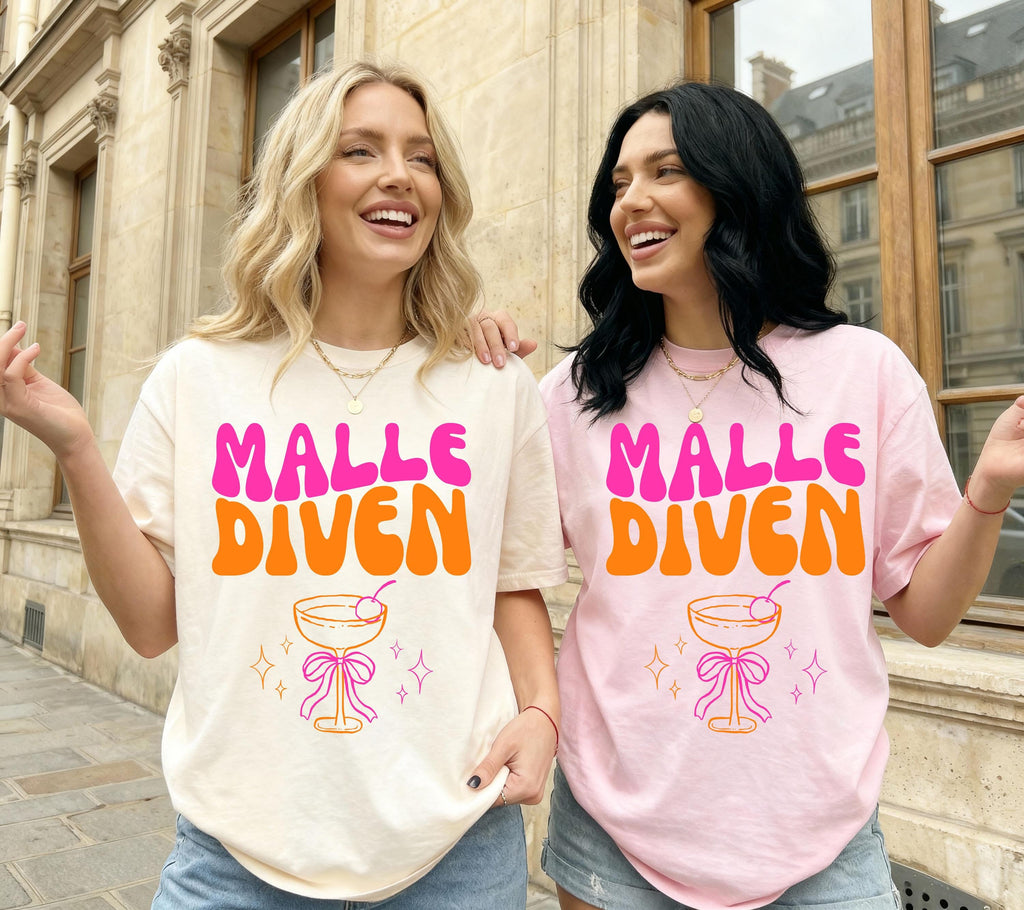 Malle Shirt, Malle Diven, Malle 2026, Malle T Shirt, Mallorca Shirts, Sekt Shirt, Cocktail, Sauf Shirt, Gruppenshirt, pink orange, Mädels