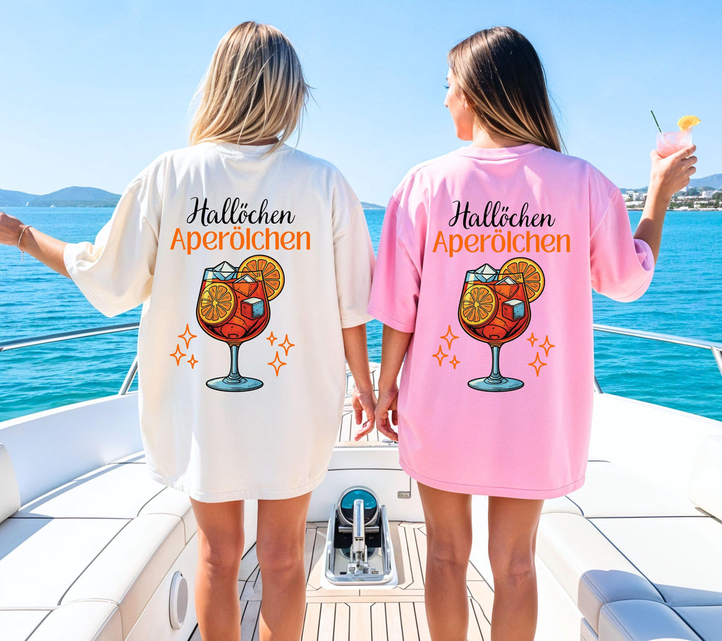 Hallöchen Aperölchen Shirt, JGA, Gruppenshirt, Backprint, Spritz, Cocktail, Sommer T-Shirt Damen, Shirts Frauengruppe, orange, Sekt, Urlaub