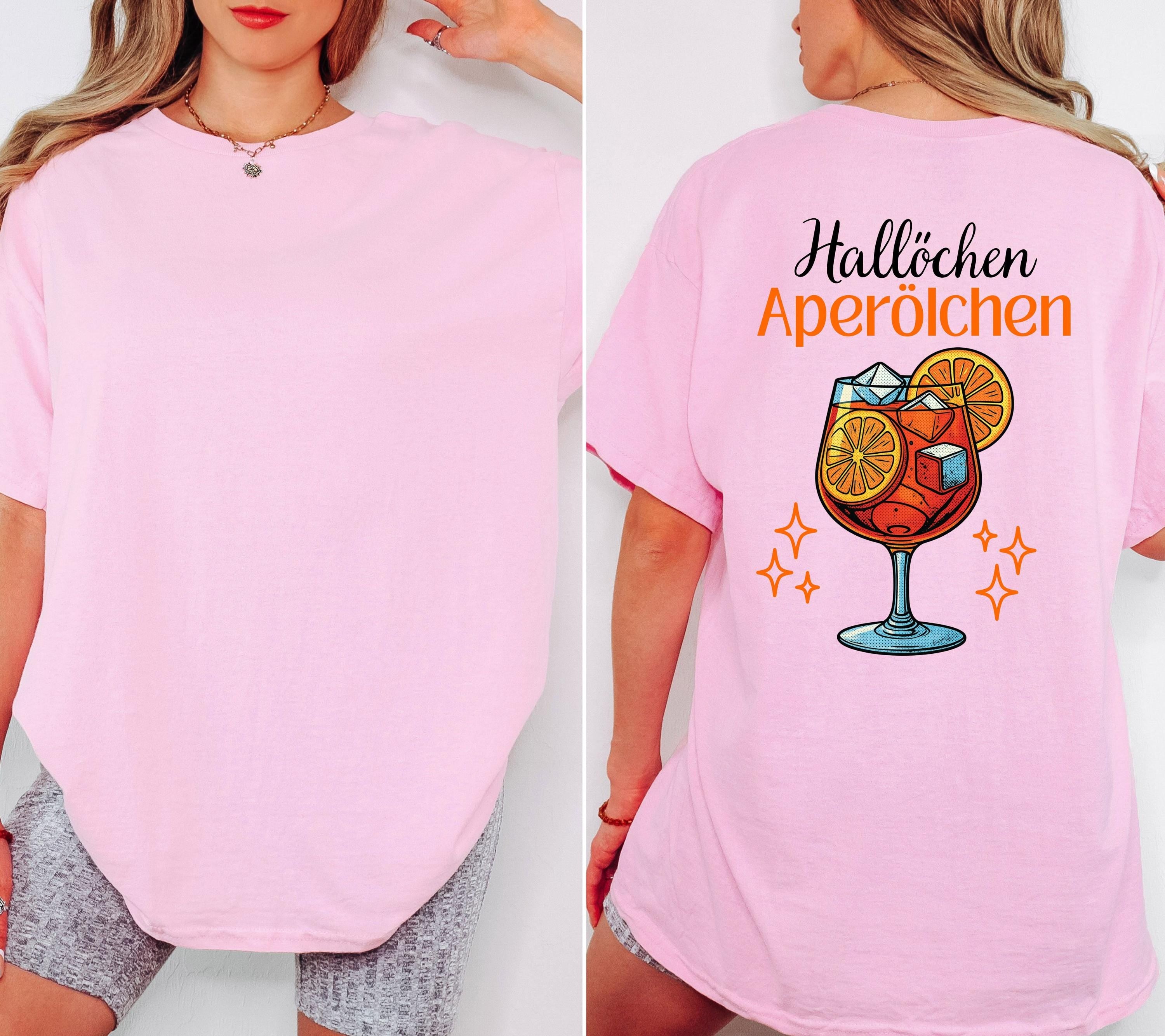 Hallöchen Aperölchen Shirt, JGA, Gruppenshirt, Backprint, Spritz, Cocktail, Sommer T-Shirt Damen, Shirts Frauengruppe, orange, Sekt, Urlaub