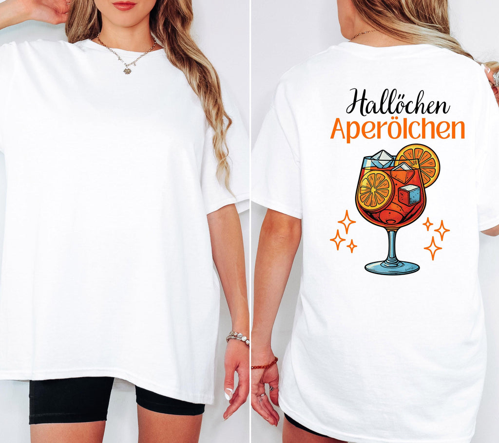 Hallöchen Aperölchen Shirt, JGA, Gruppenshirt, Backprint, Spritz, Cocktail, Sommer T-Shirt Damen, Shirts Frauengruppe, orange, Sekt, Urlaub