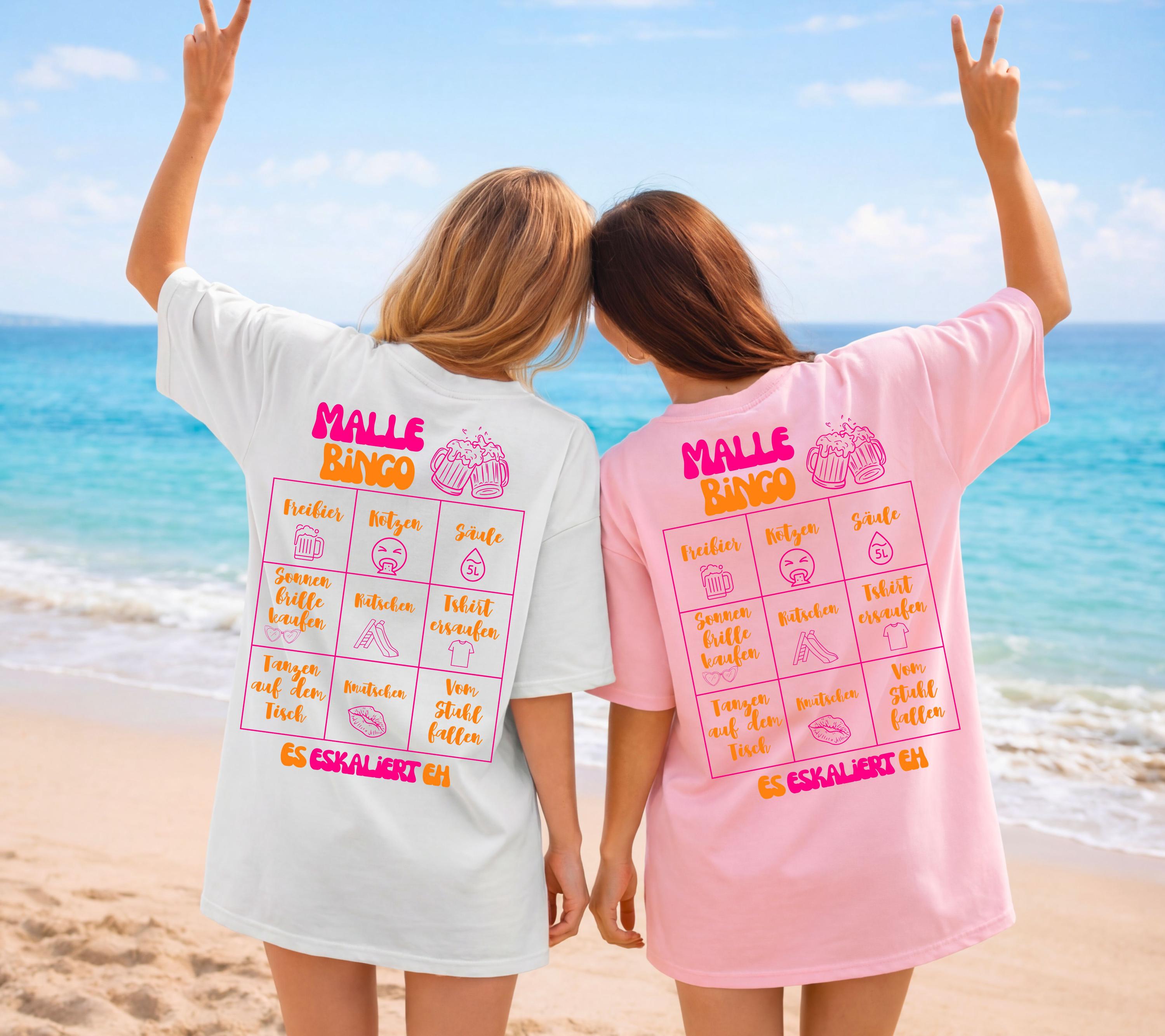 Malle Shirt, Malle Bingo, es eskaliert eh, Backprint, Gruppenshirt, Malle TShirts, personalisiert, Mallorca Shirts, Sekt Shirt, Sauf T Shirt