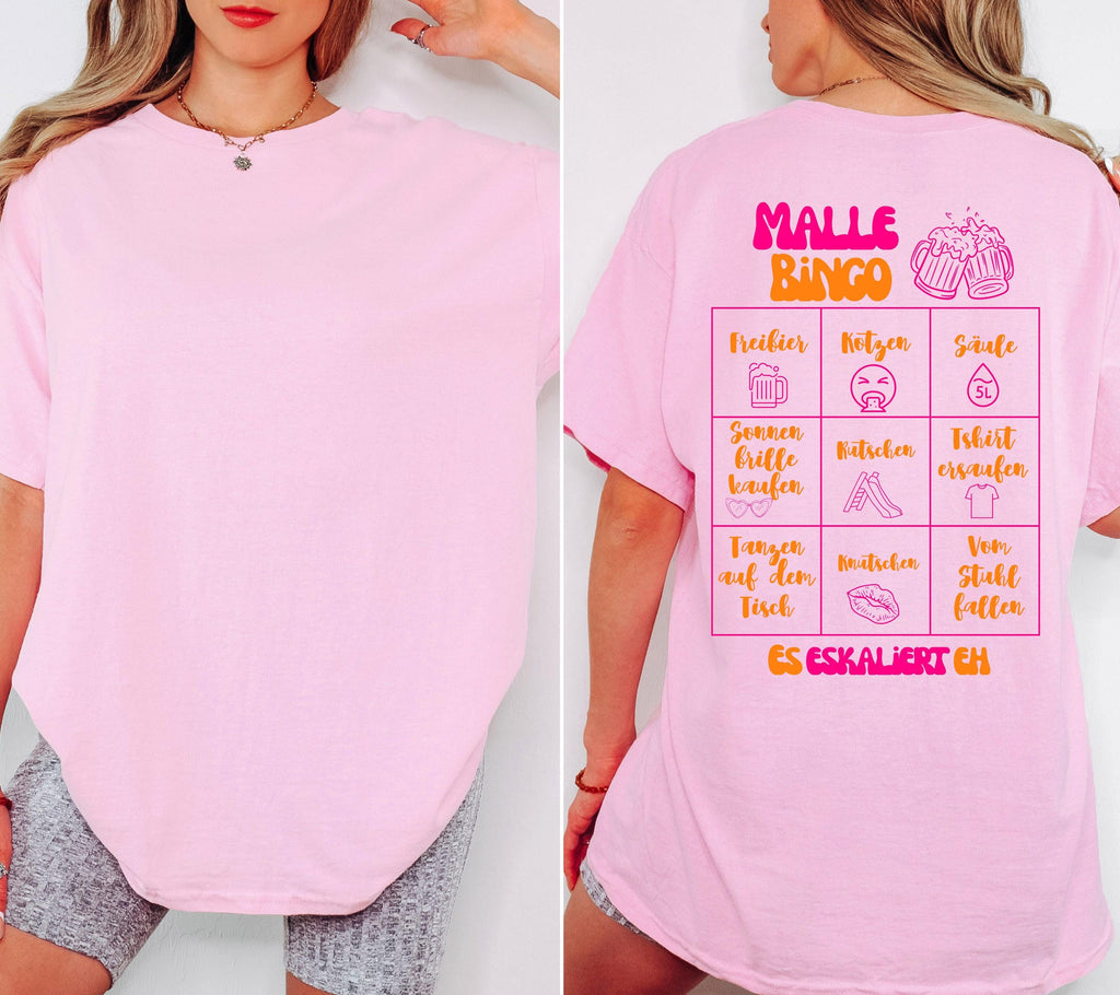 Malle Shirt, Malle Bingo, es eskaliert eh, Backprint, Gruppenshirt, Malle TShirts, personalisiert, Mallorca Shirts, Sekt Shirt, Sauf T Shirt