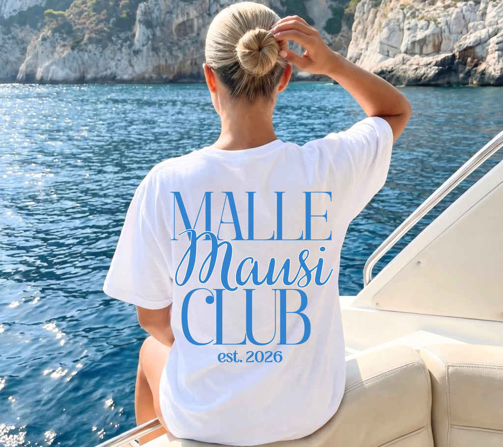Malle Mausi Club Shirt blau, Malle Shirt 2026, Malle Shirts, Mallorca T Shirts, Bier Shirt, Gruppenshirt Mausis, Mäuse, Damen, Frauen, Playa