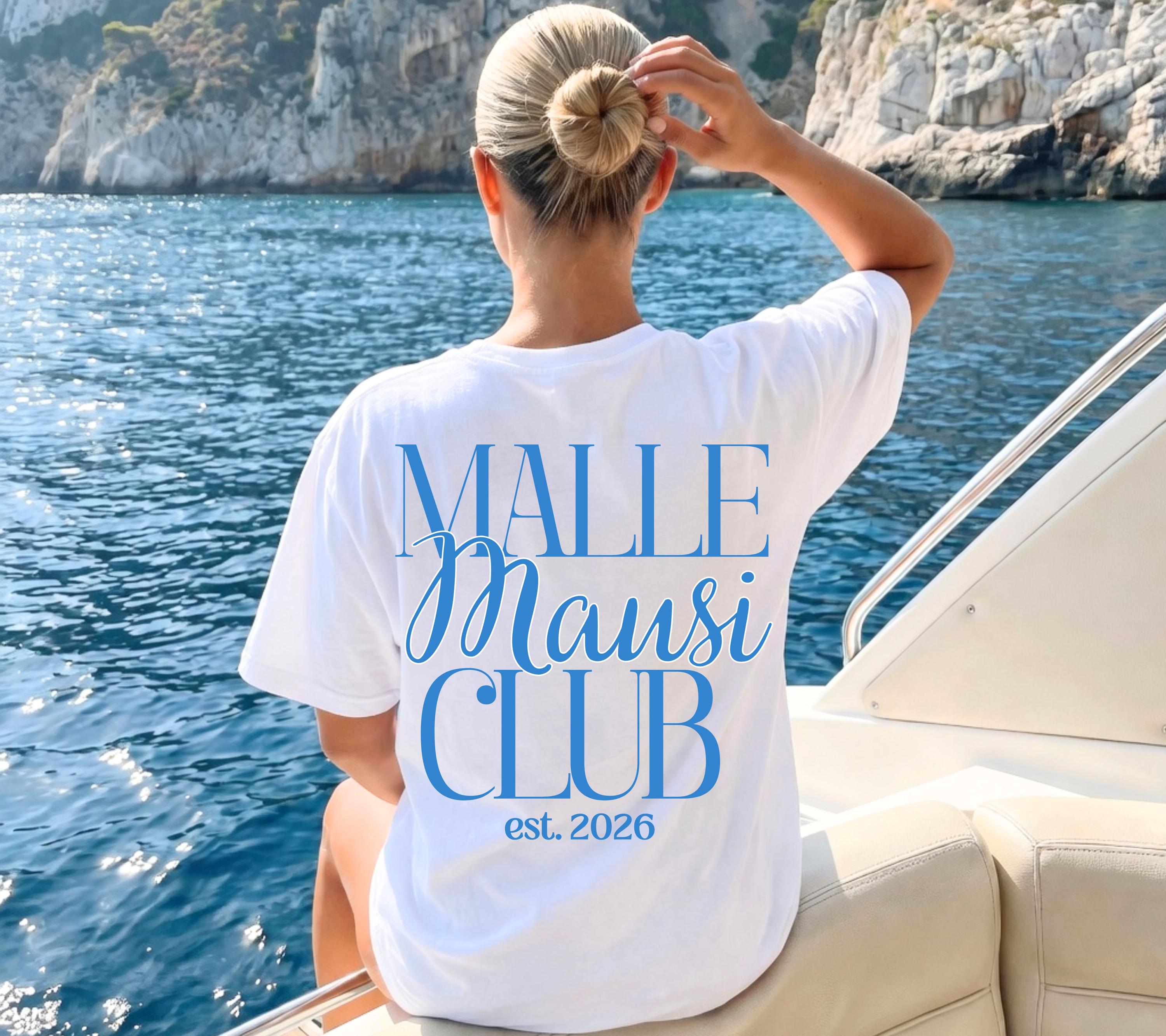 Malle Mausi Club Shirt blau, Malle Shirt 2026, Malle Shirts, Mallorca T Shirts, Bier Shirt, Gruppenshirt Mausis, Mäuse, Damen, Frauen, Playa