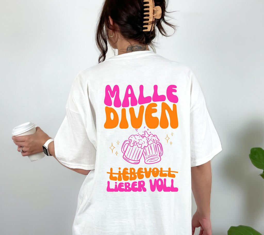Malle Shirt, Malle Diven, liebevoll lieber voll, Malle 2026, Malle T Shirt, Mallorca Shirts Backprint, Sekt Shirt, Gruppenshirt, pink orange