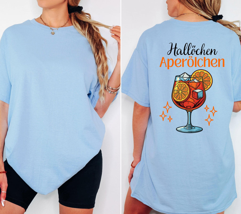 Hallöchen Aperölchen Shirt, JGA, Gruppenshirt, Backprint, Spritz, Cocktail, Sommer T-Shirt Damen, Shirts Frauengruppe, orange, Sekt, Urlaub