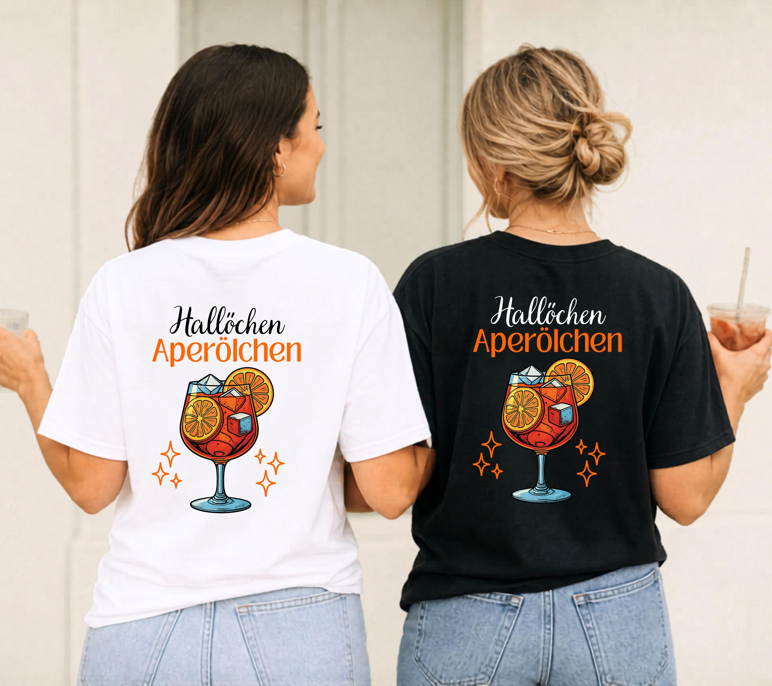 Hallöchen Aperölchen Shirt, JGA, Gruppenshirt, Backprint, Spritz, Cocktail, Sommer T-Shirt Damen, Shirts Frauengruppe, orange, Sekt, Urlaub