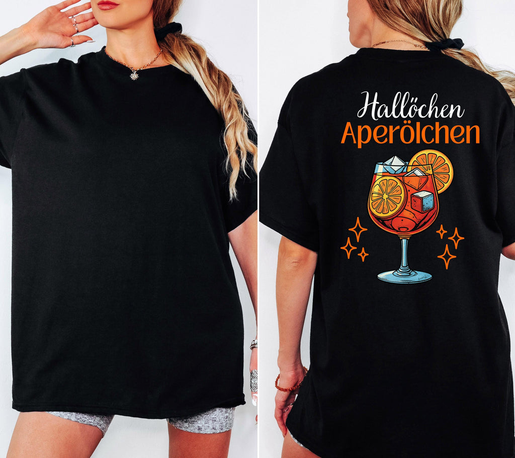 Hallöchen Aperölchen Shirt, JGA, Gruppenshirt, Backprint, Spritz, Cocktail, Sommer T-Shirt Damen, Shirts Frauengruppe, orange, Sekt, Urlaub
