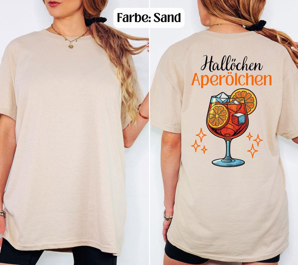 Hallöchen Aperölchen Shirt, JGA, Gruppenshirt, Backprint, Spritz, Cocktail, Sommer T-Shirt Damen, Shirts Frauengruppe, orange, Sekt, Urlaub