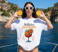 Hallöchen Aperölchen Shirt, JGA, Gruppenshirt, Backprint, Spritz, Cocktail, Sommer T-Shirt Damen, Shirts Frauengruppe, orange, Sekt, Urlaub
