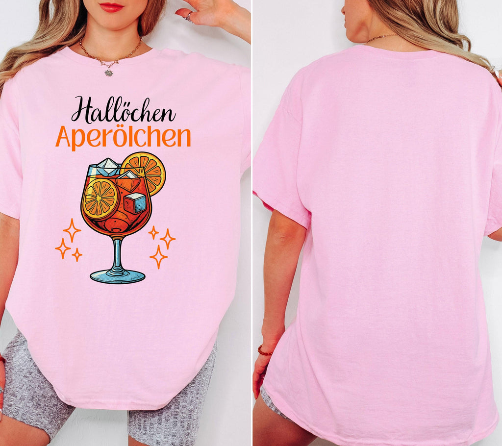 Hallöchen Aperölchen Shirt, JGA, Gruppenshirt, Backprint, Spritz, Cocktail, Sommer T-Shirt Damen, Shirts Frauengruppe, orange, Sekt, Urlaub