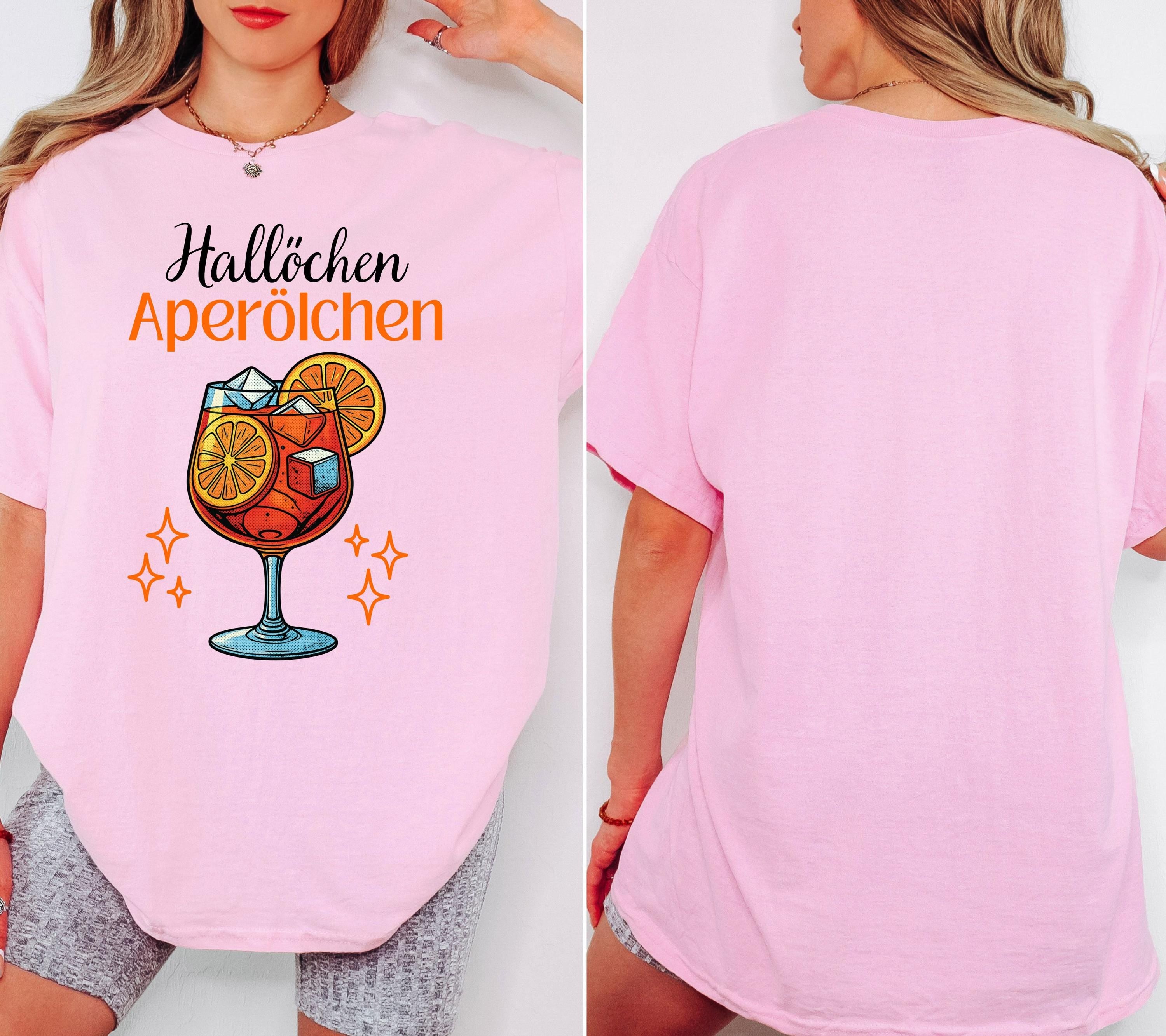 Hallöchen Aperölchen Shirt, JGA, Gruppenshirt, Backprint, Spritz, Cocktail, Sommer T-Shirt Damen, Shirts Frauengruppe, orange, Sekt, Urlaub