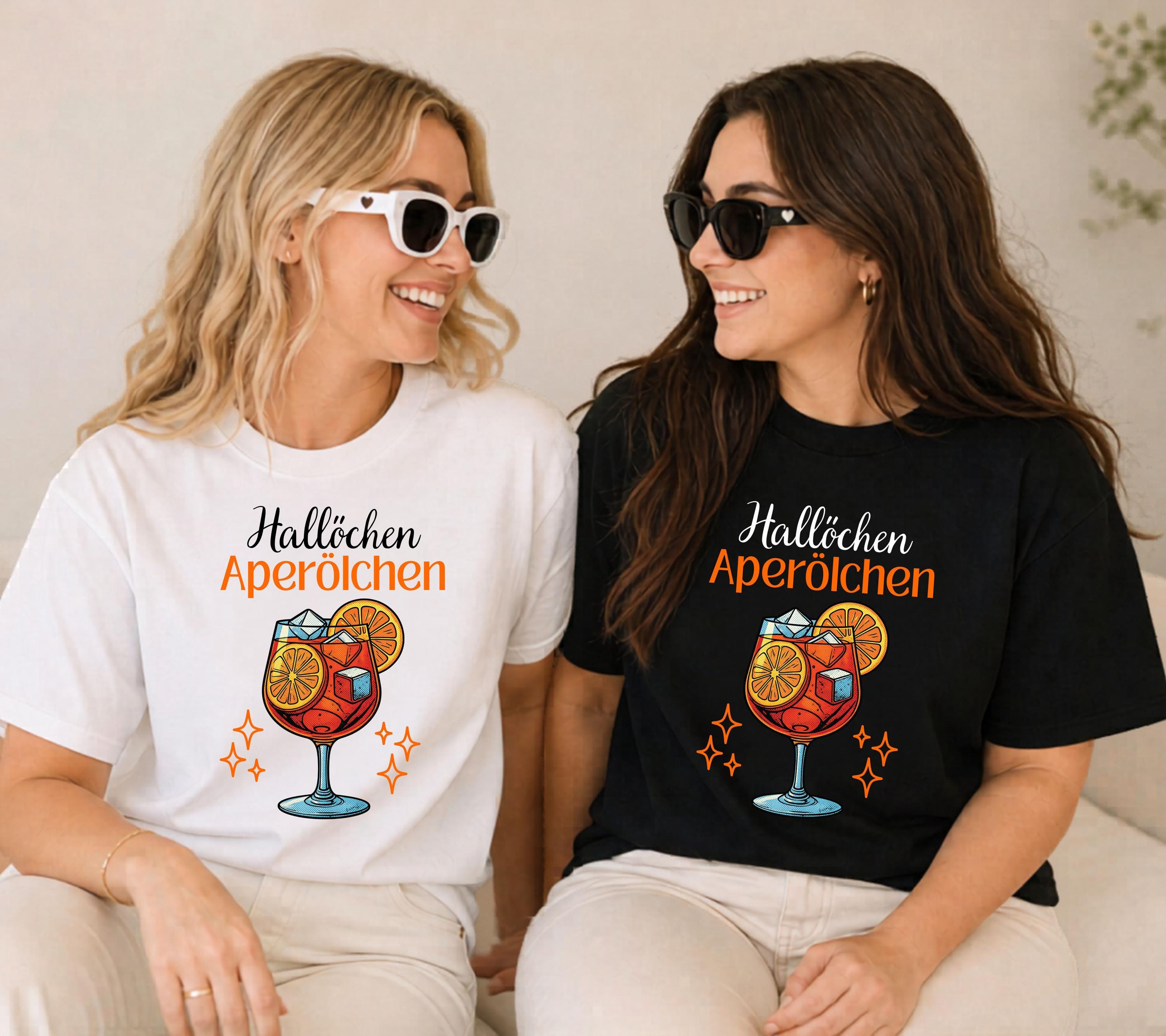 Hallöchen Aperölchen Shirt, JGA, Gruppenshirt, Backprint, Spritz, Cocktail, Sommer T-Shirt Damen, Shirts Frauengruppe, orange, Sekt, Urlaub