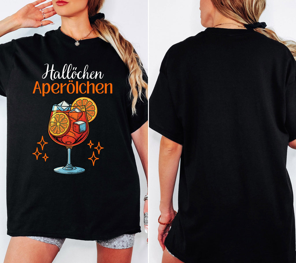 Hallöchen Aperölchen Shirt, JGA, Gruppenshirt, Backprint, Spritz, Cocktail, Sommer T-Shirt Damen, Shirts Frauengruppe, orange, Sekt, Urlaub