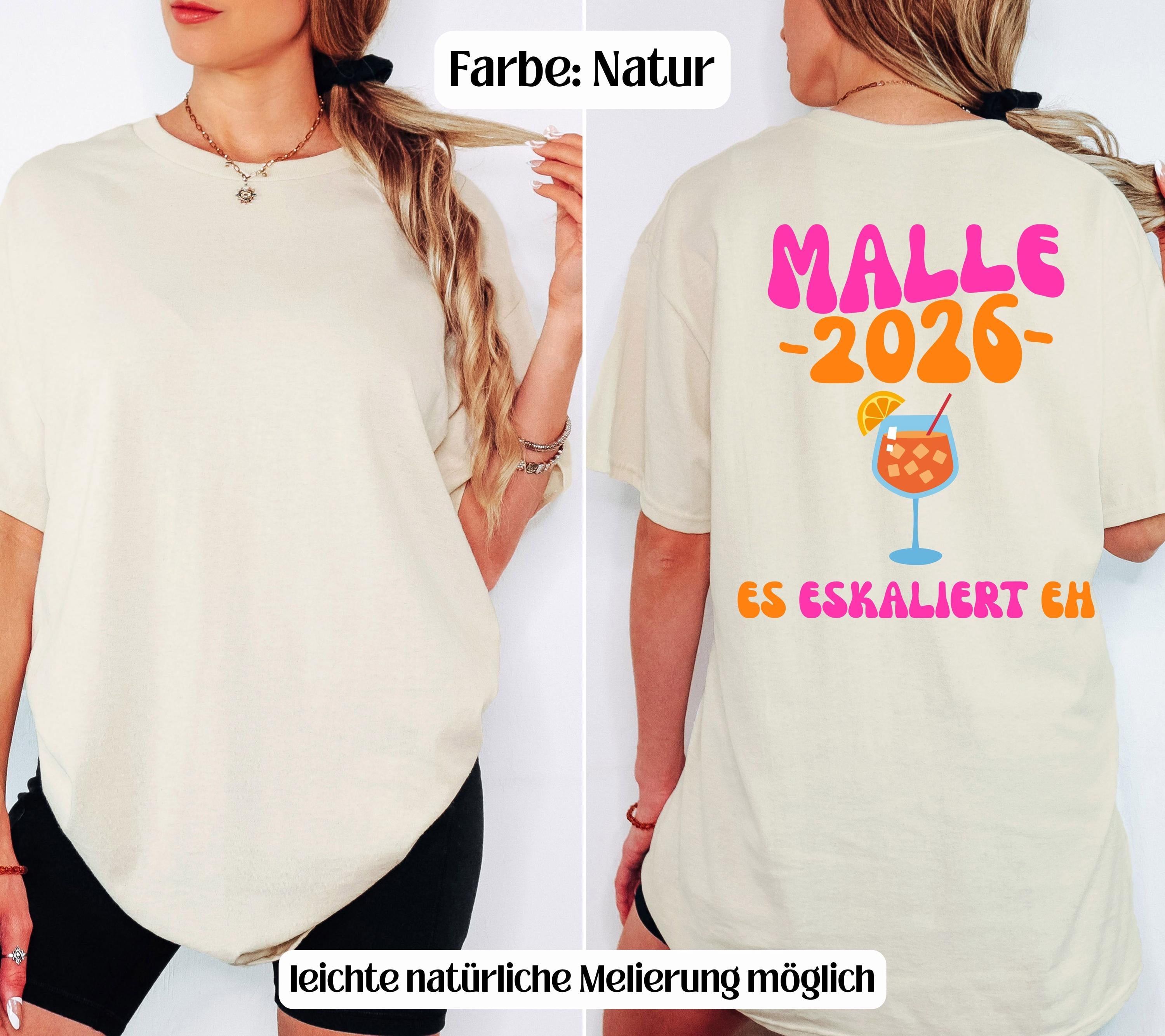 Malle Shirt, es eskaliert eh, Backprint, Malle 2026, Malle T Shirt, personalisiert, Mallorca Shirts, Sekt Shirt, Sauf T Shirt, Gruppenshirt