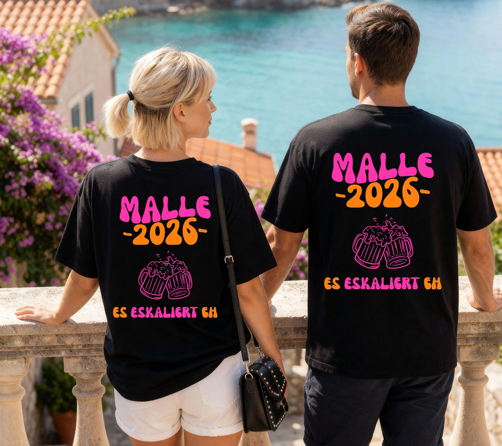 Malle Shirt, es eskaliert eh, Backprint, Malle 2026, Malle T Shirt, Herren, Damen, Mallorca Shirts, Bier Shirt, Sauf T Shirt, Gruppenshirt