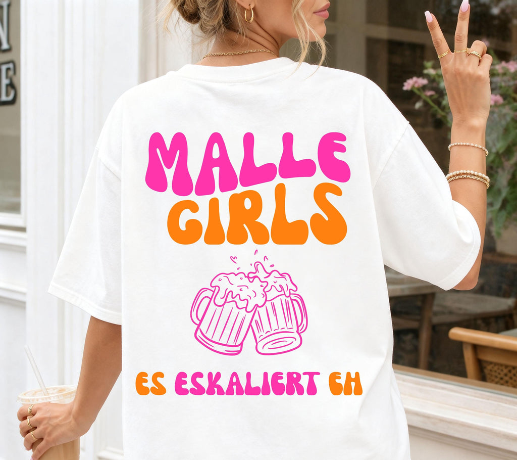 Malle Shirts, es eskaliert eh, Backprint, Malle Girls, Malle T Shirt, Mallorca Shirts, Bier Shirt, Sauf T Shirt, Gruppenshirt, lustig, bunt